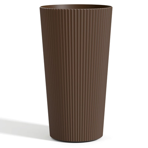 Fontoi 23.6-inch striped brown planter in garden, weather-ready.