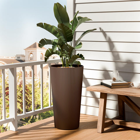 Fontoi 23.6-inch striped brown planter indoors, modern home accent.