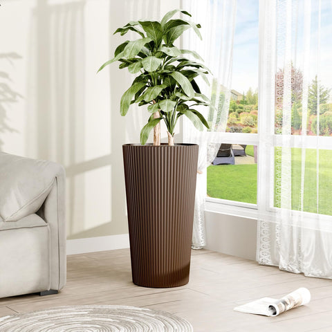 Fontoi 23.6-inch striped brown planter on patio, pairs with outdoor trees.