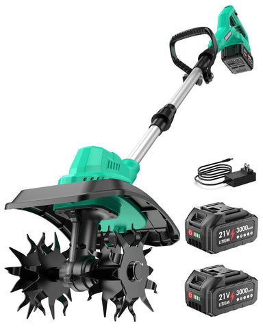 FONXLIT 21V cordless tiller in action loosening soil in tight spaces.