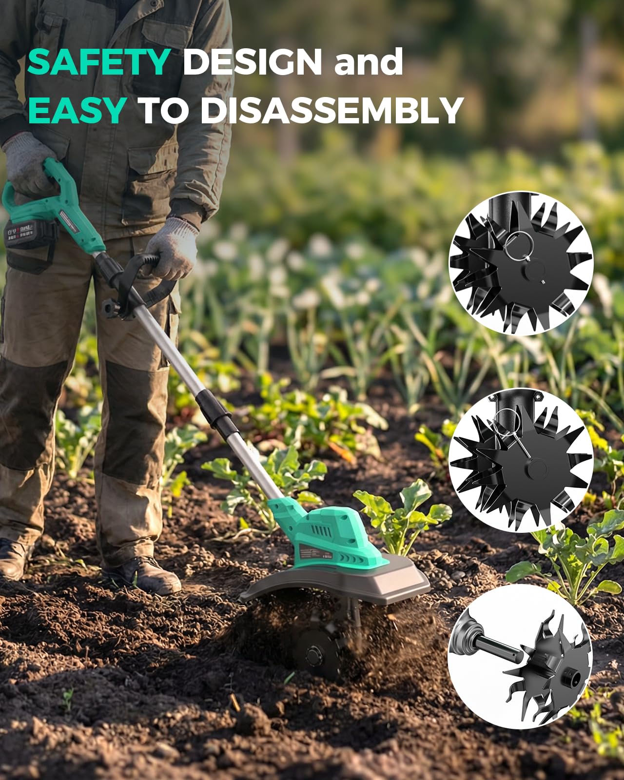 Compact, lightweight design of the FONXLIT tiller for easy handling.