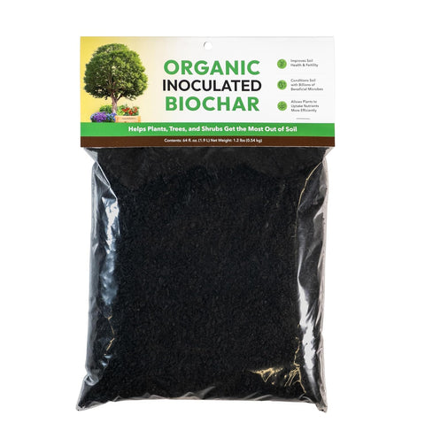 FOOP Organic Inoculated Biochar bag front shows microbes enriching soil health.