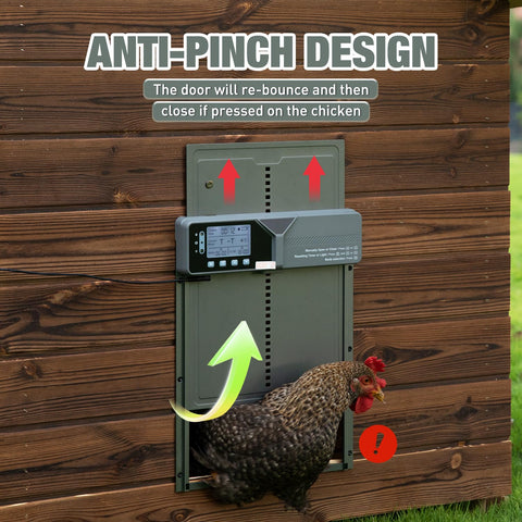 Fophop anti-pinch-safety protects chickens during closing for peace of mind.