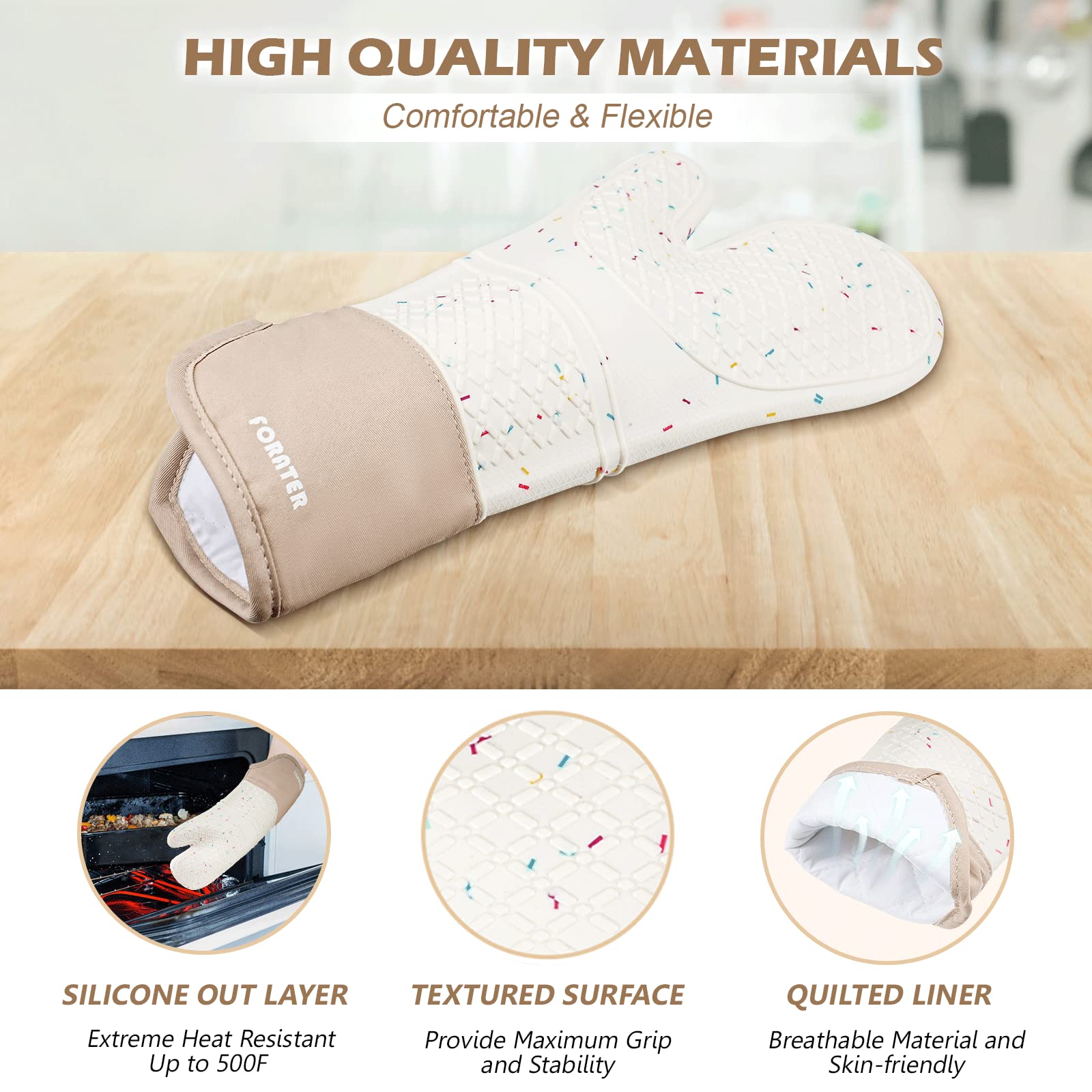 FORATER mitts feature a heat-resistant silicone outer layer up to 500°F