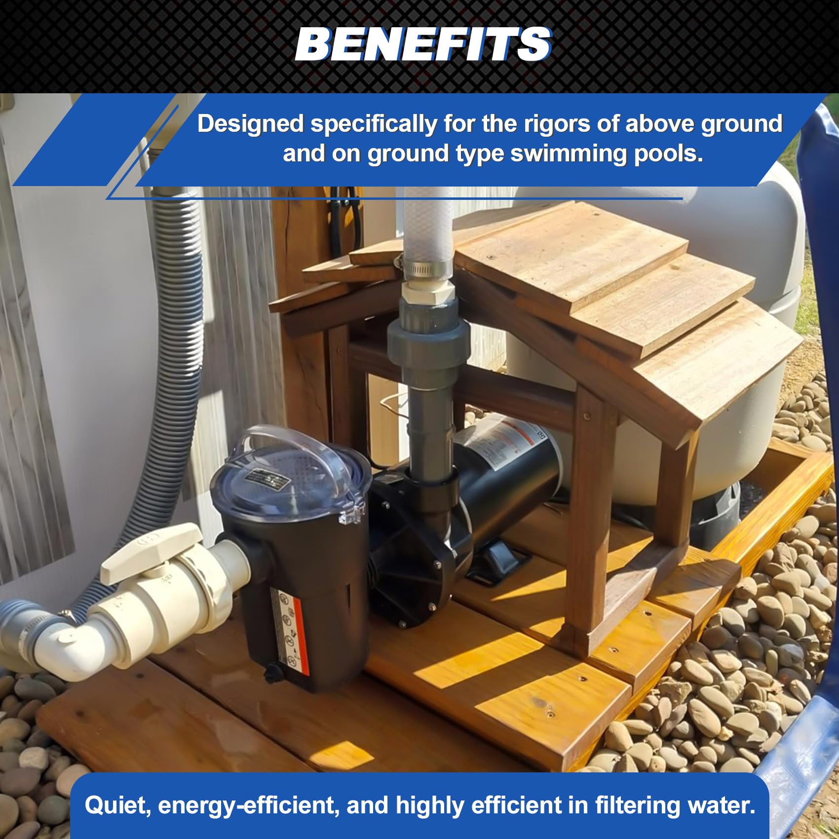 FOREBEN 1.5 HP pool pump side view highlighting the slim profile for tight spaces.