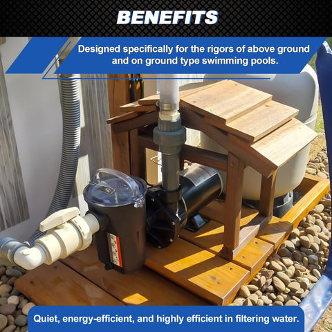 FOREBEN 1.5 HP pool pump side view highlighting the slim profile for tight spaces.