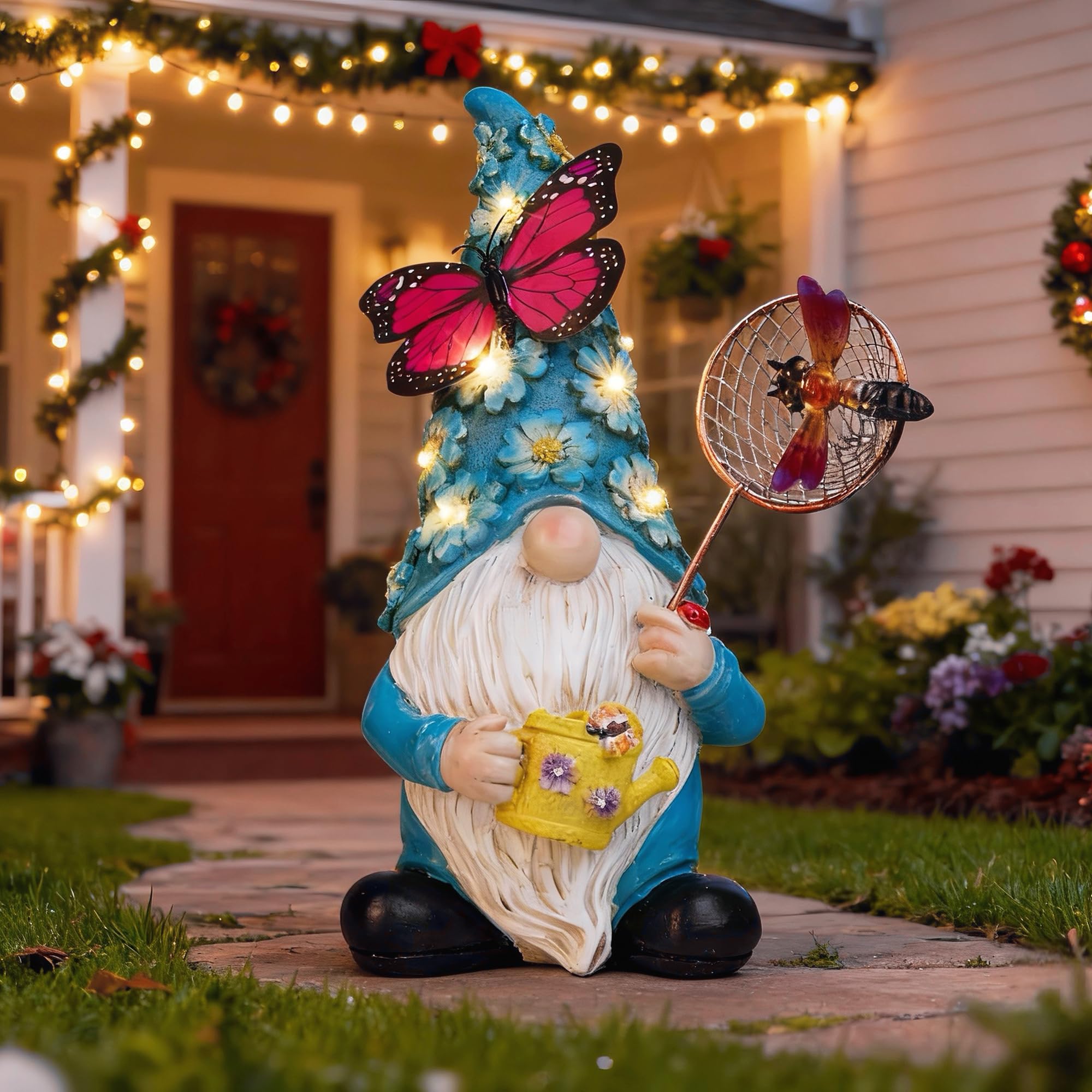 Foreby dragonfly-detail gnome watering-flowers feature for lively, nature-inspired charm.