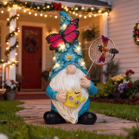 Foreby dragonfly-detail gnome watering-flowers feature for lively, nature-inspired charm.