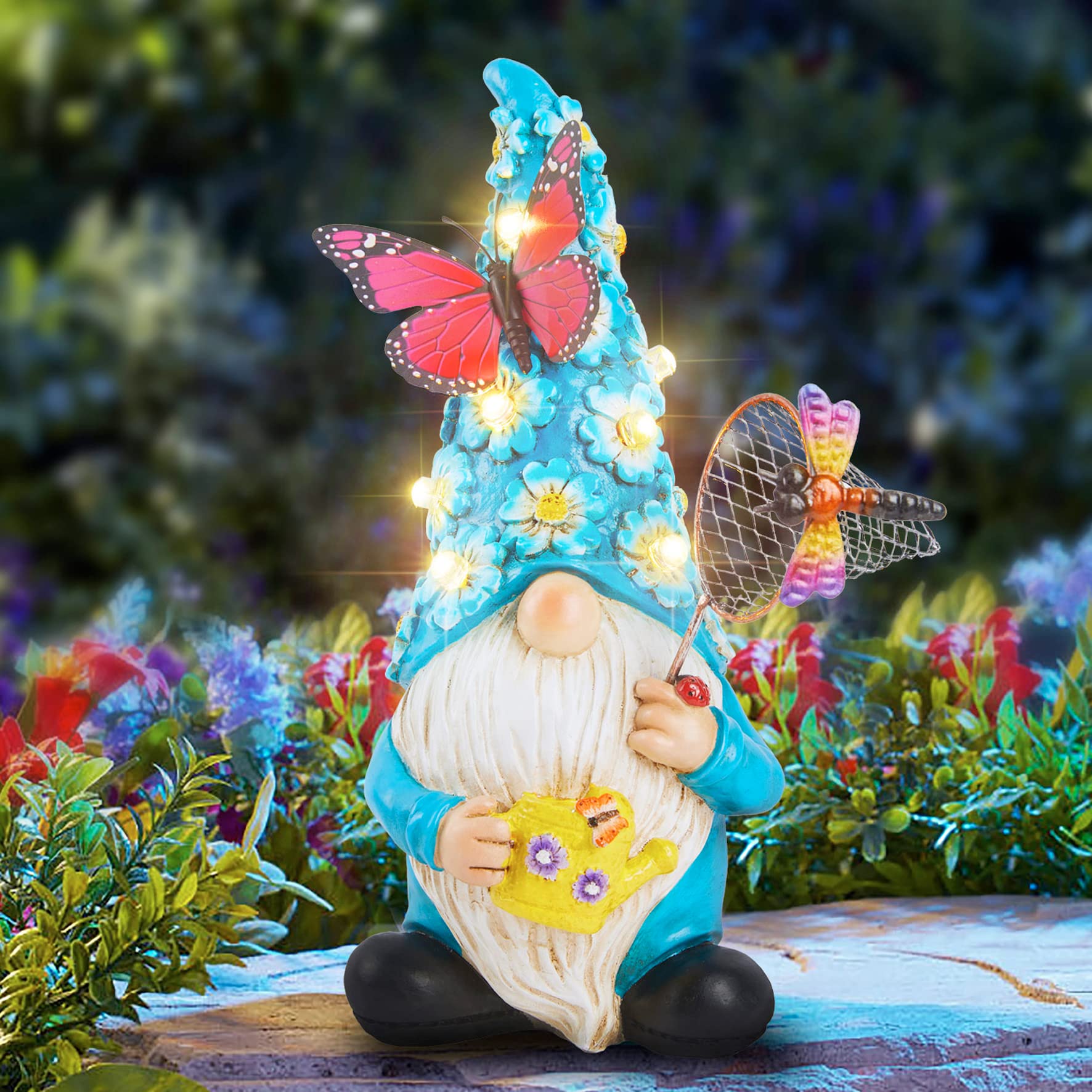 Foreby garden gnome statue with butterfly hat and LED flowers, ideal for vibrant daytime and soft nighttime glow.