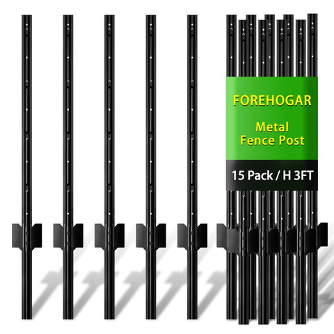 FOREHOGAR 3ft metal fence post in black finish for sturdy no-dig installation.