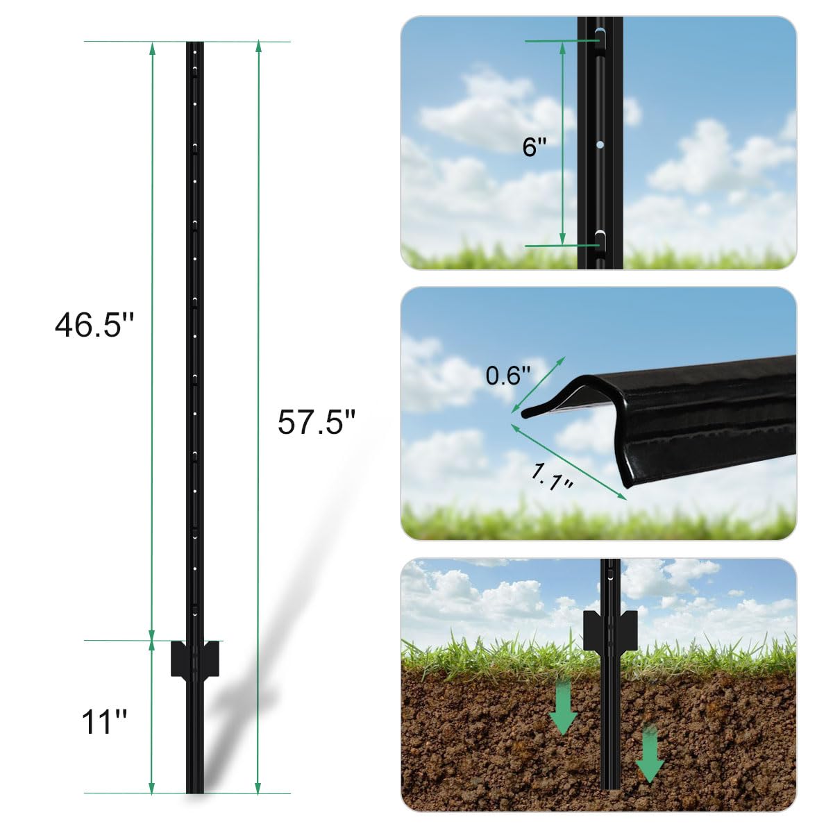 Tabs align with 2x3 fence holes for secure wire attachment.