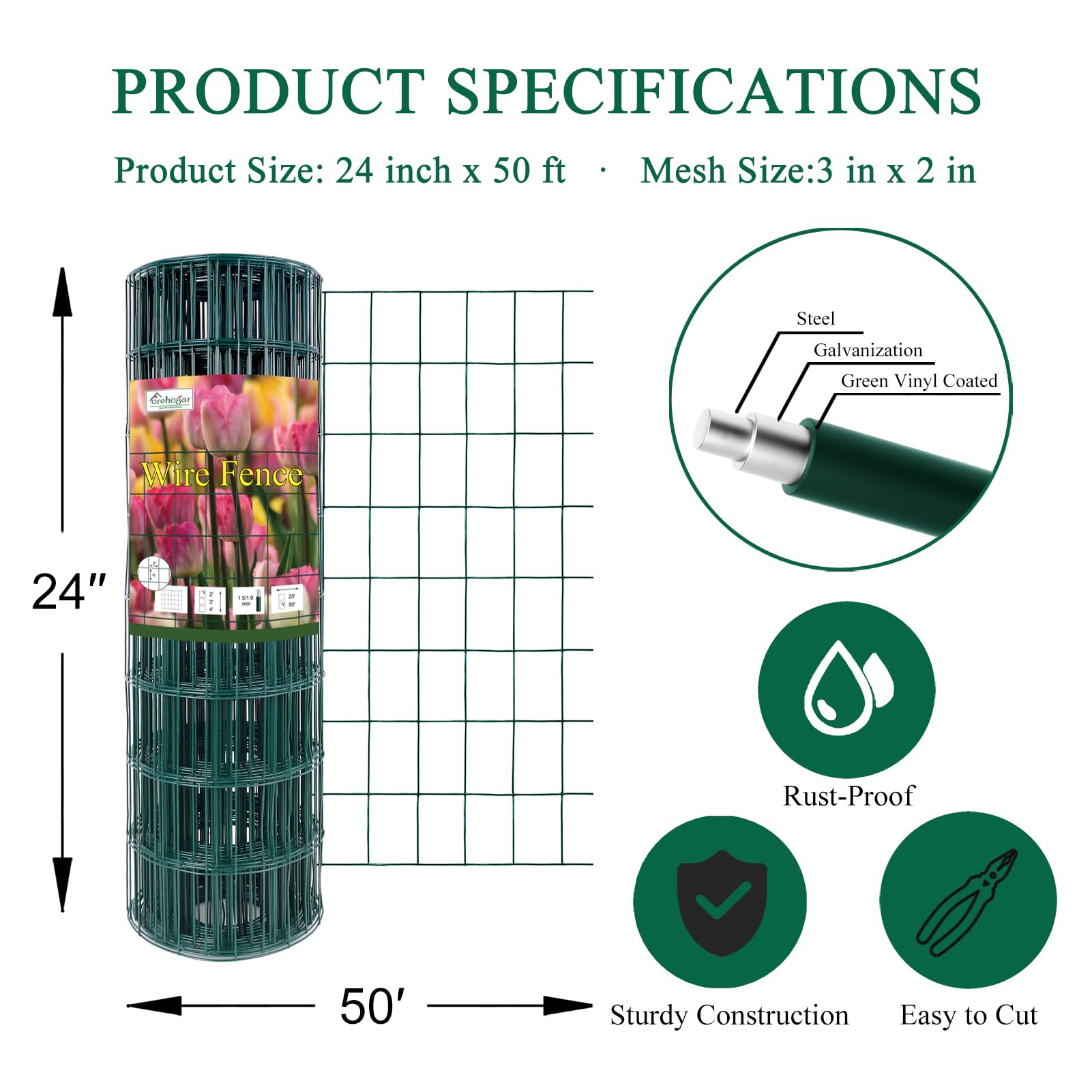 Forehogar garden border fencing roll with 2x3 mesh, easy to install.