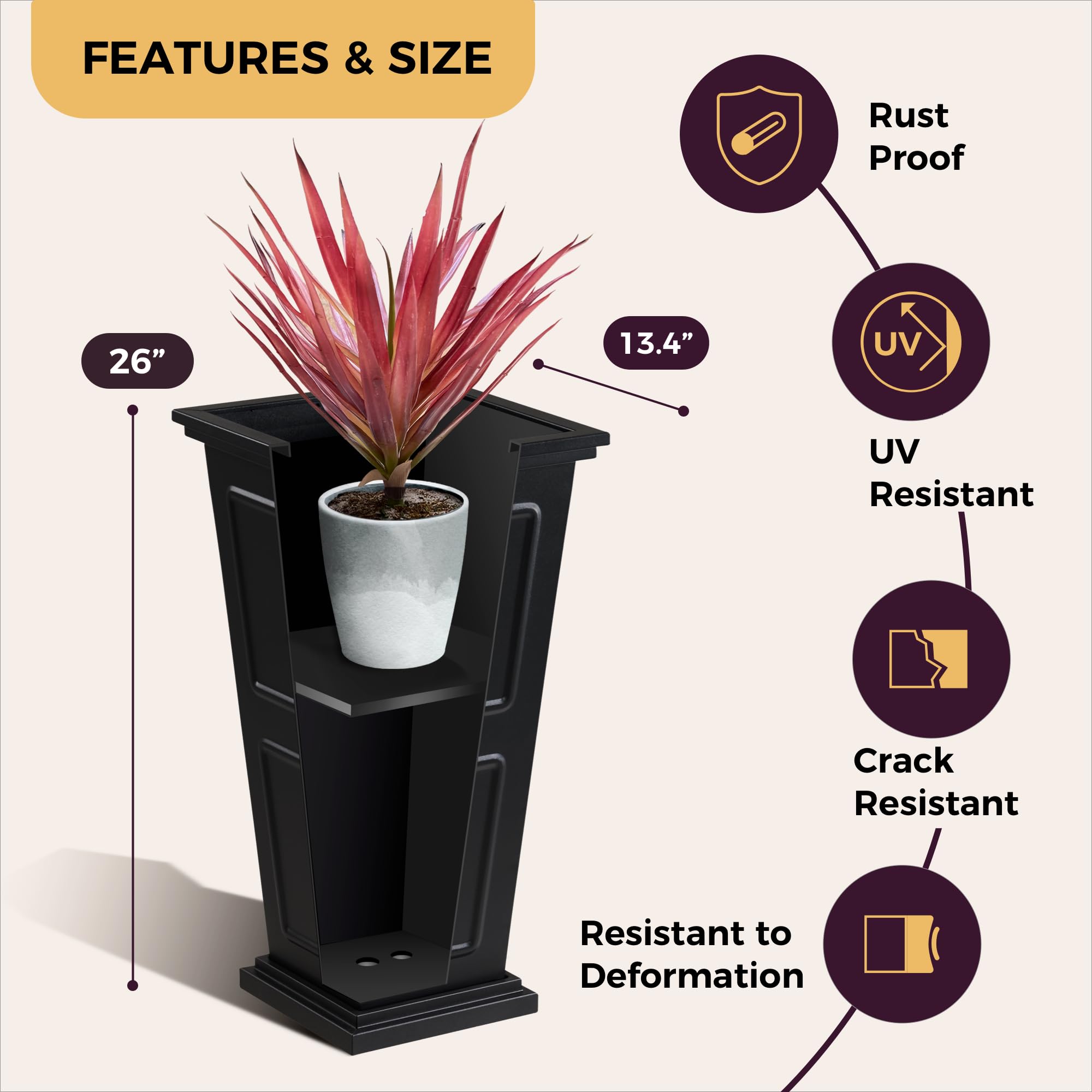 Foresland planter close-up texture showing glossy black finish and modern design.