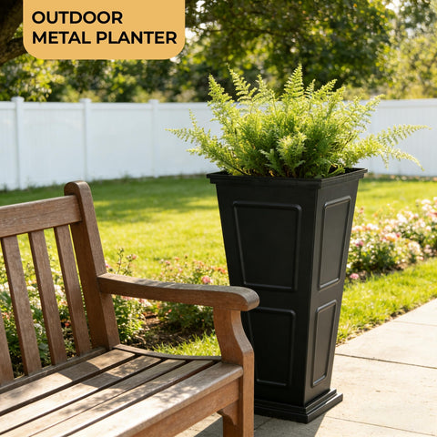 Foresland 26in tall metallic taper planter side view showcasing durable weather-resistant construction.