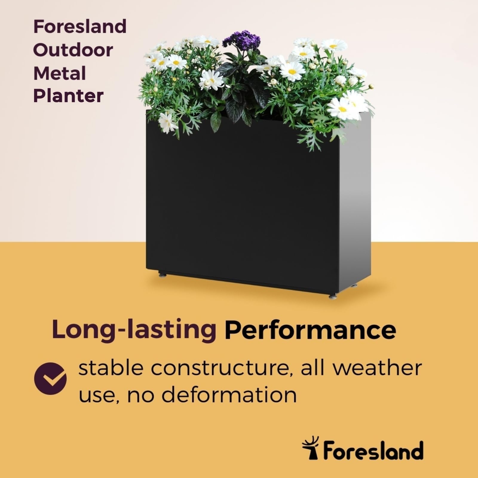 Foresland tall long metal planter on a patio with modern style