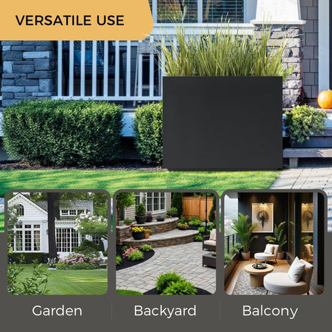 Foresland tall long metal planter outdoors on a garden patio