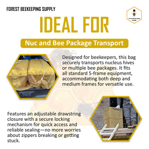 FOREST BEEKEEPING SUPPLY 90gsm polyester bag provides durable, lightweight transport for nucs.