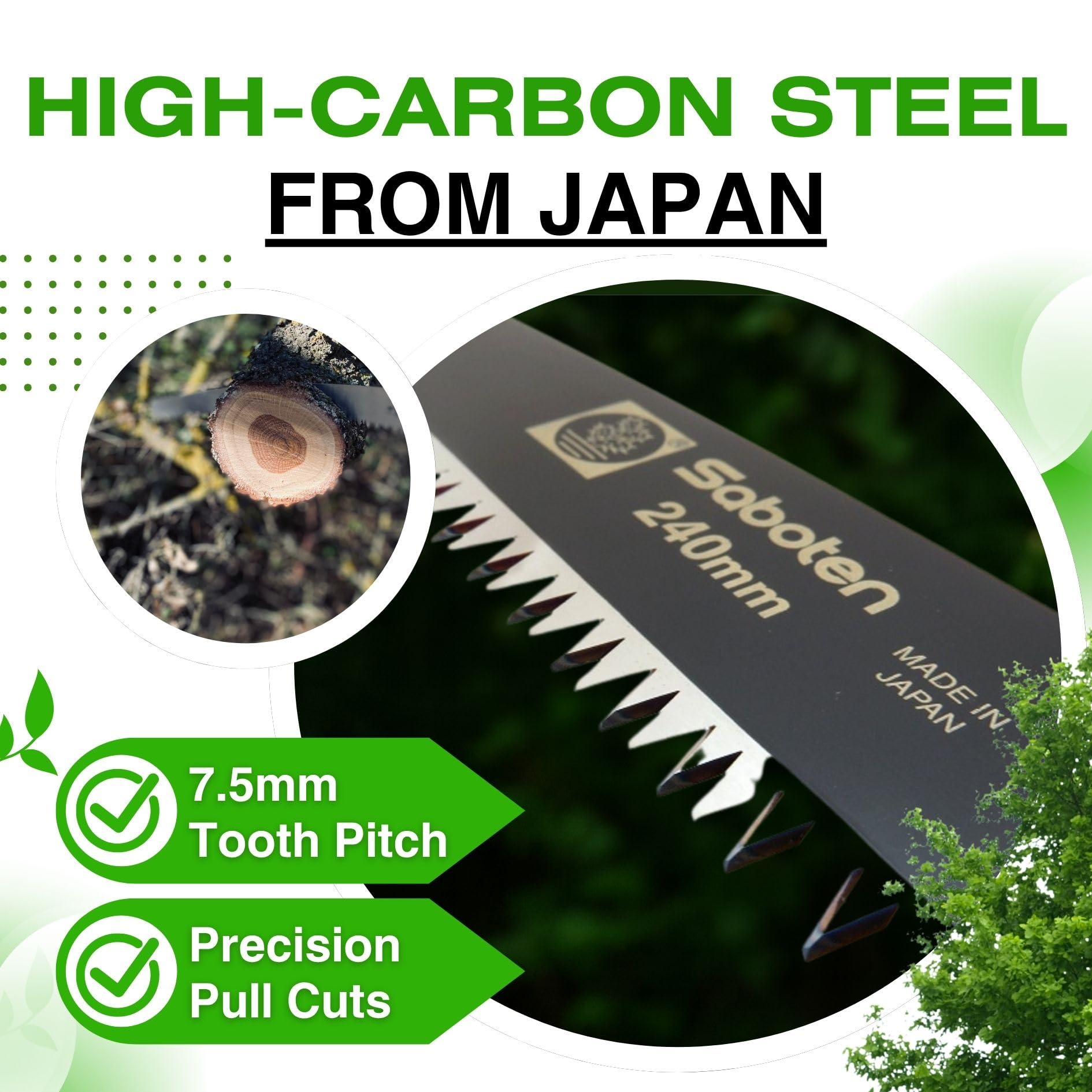 Saboten pull-cut action demonstrated for stable pruning in tight spaces.