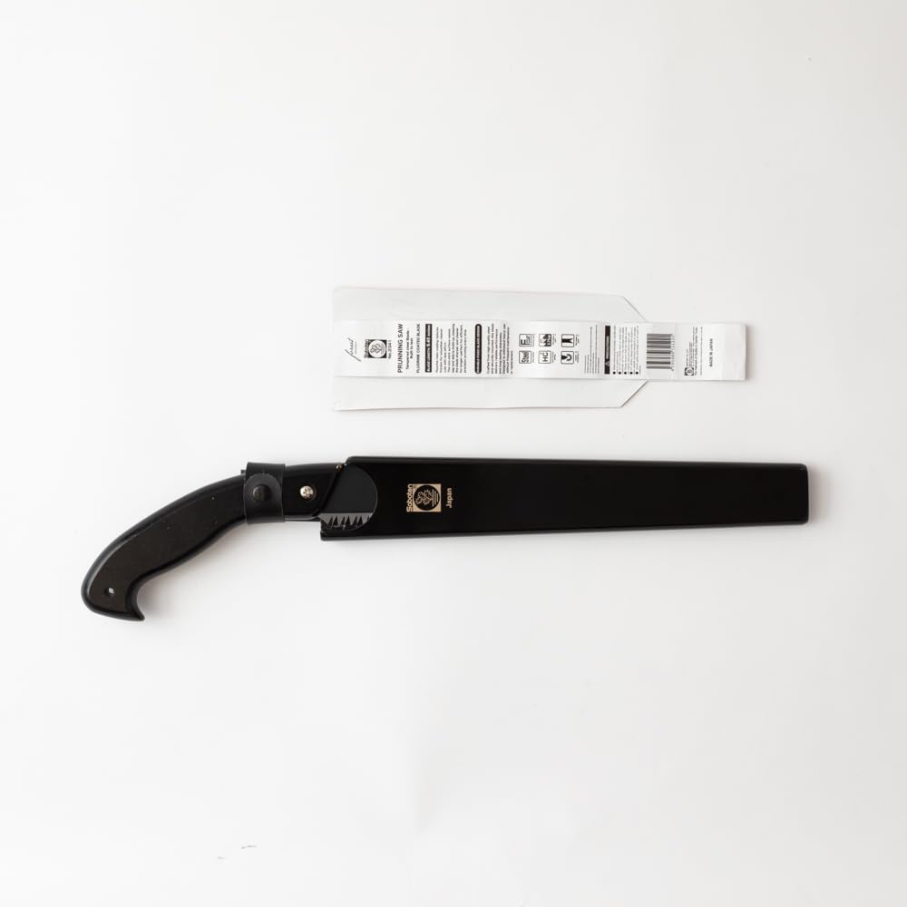 Saboten pruning saw with wooden sheath supports secure storage and protection.