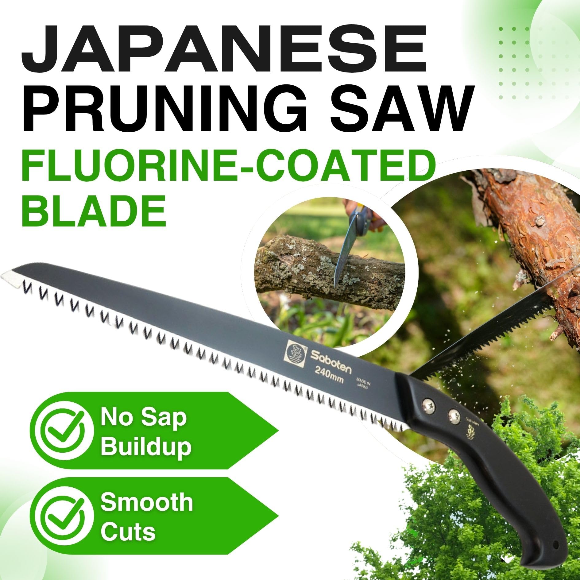 Saboten saw teeth close-up showing 7-5mm pitch for precise cuts on branches.