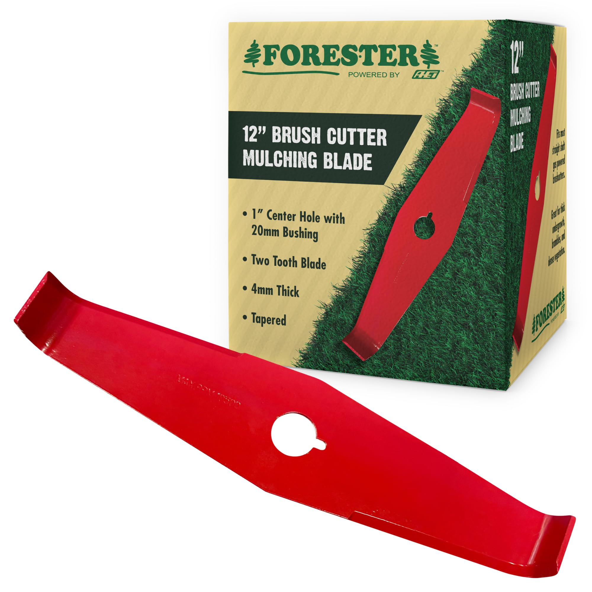 FORESTER 12in mulching blade closeup in hardened steel for durability