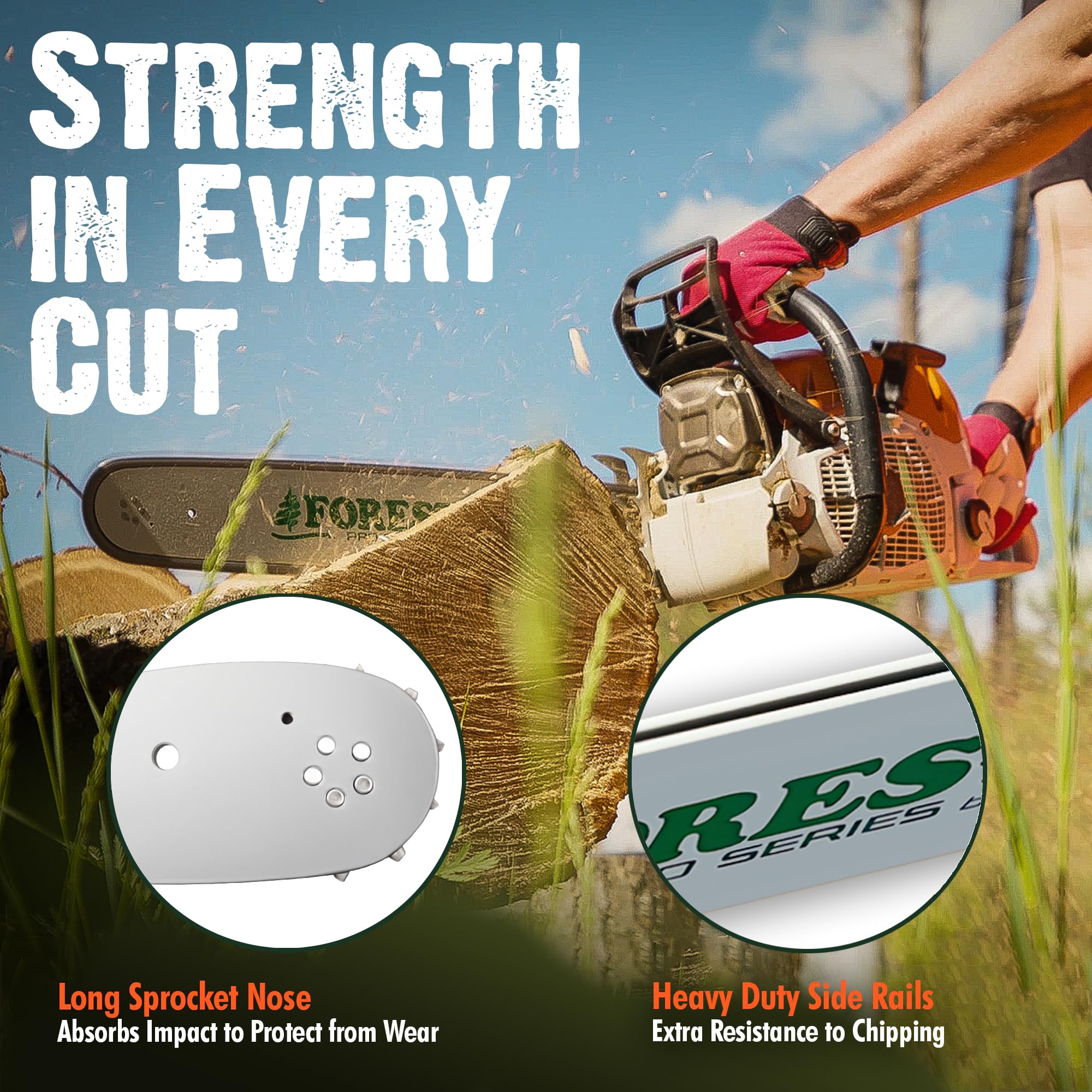 FORESTER 3/8 pitch and .050 gauge close-up for precise cutting.