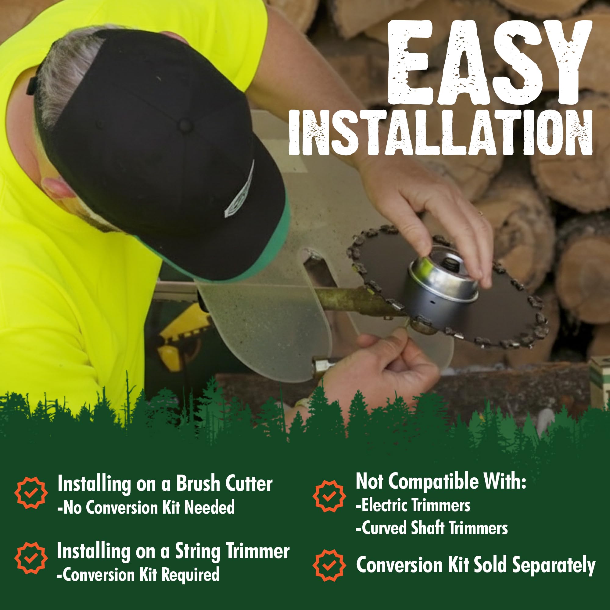 FORESTER blade in use on rough brush demonstrating efficient clearance and wider pass coverage.