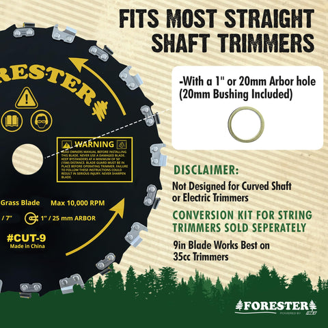 FORESTER brush cutter blade assembly for easy installation on straight shaft trimmers.