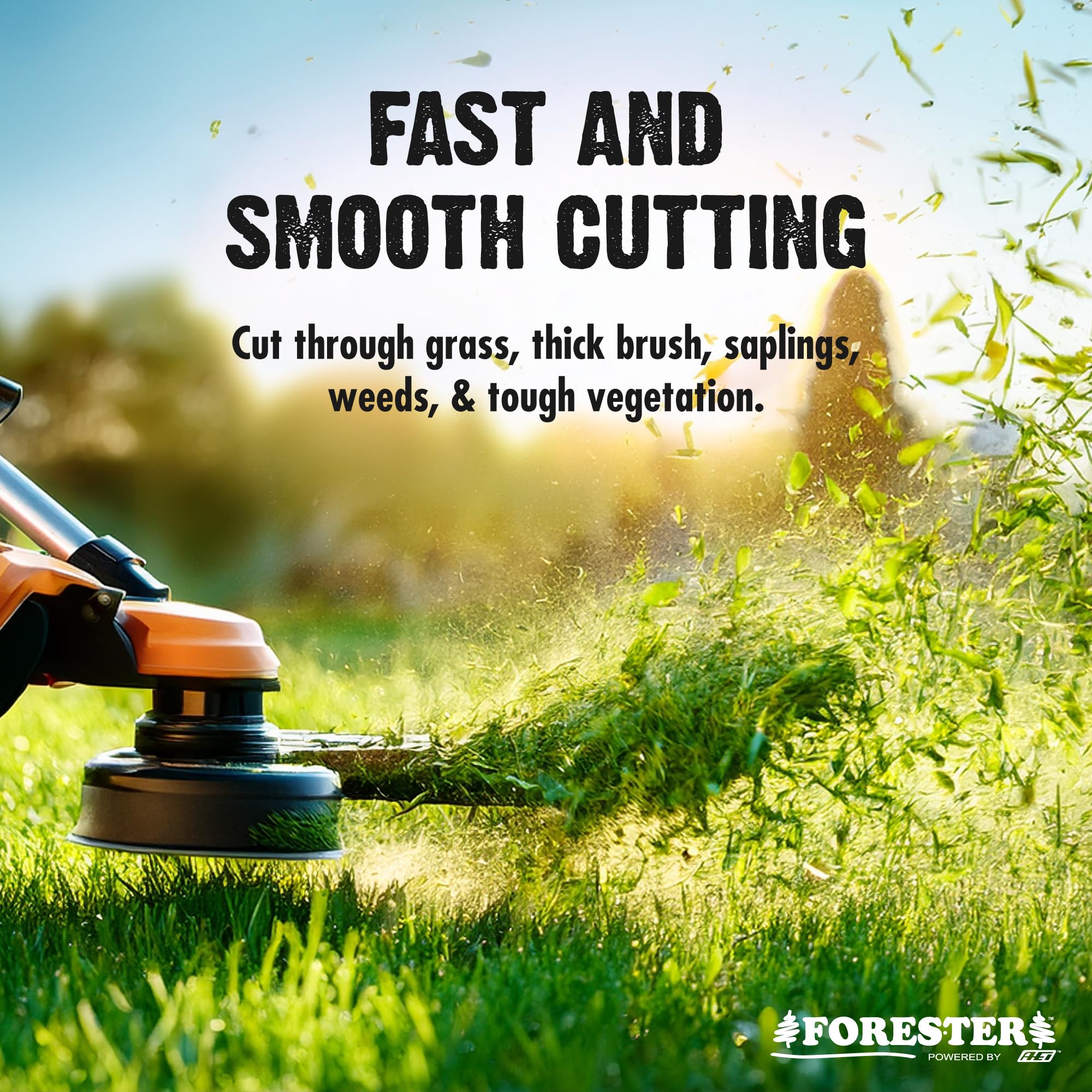 FORESTER brush cutter blade in action during thick grass and weeds