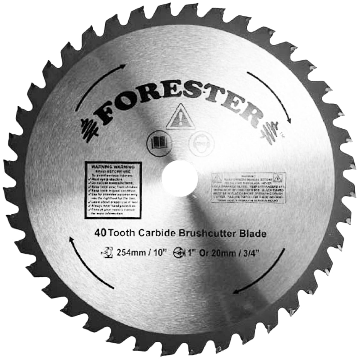 FORESTER carbide tip brush cutter blade 10in 40 teeth close-up, ready for tough brush