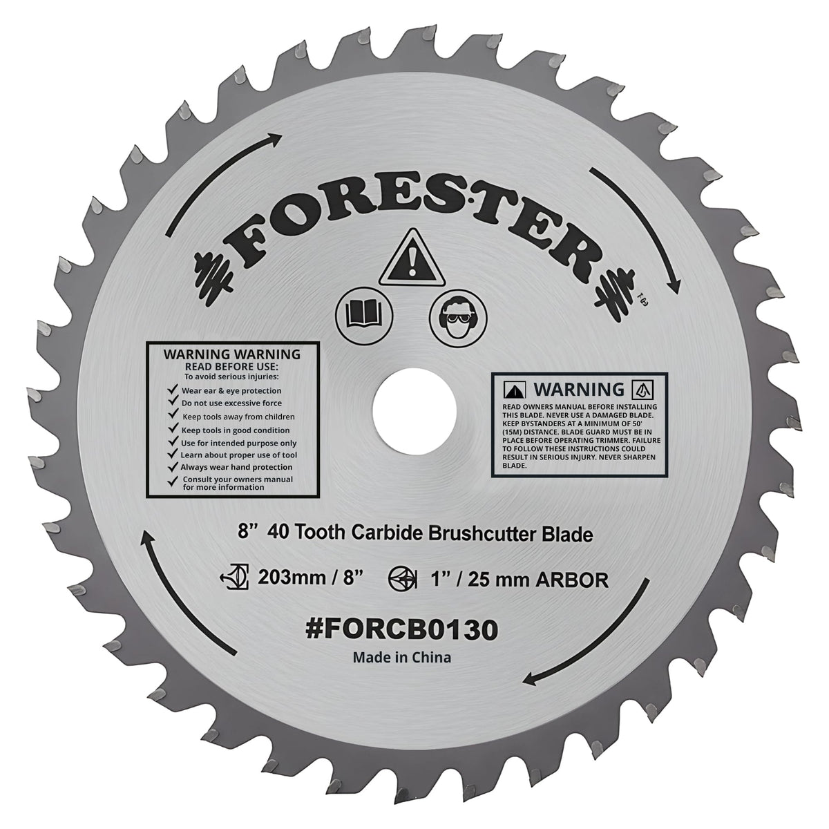 FORESTER carbide-tip brush cutter blade 8in 40 teeth for heavy brush cutting.