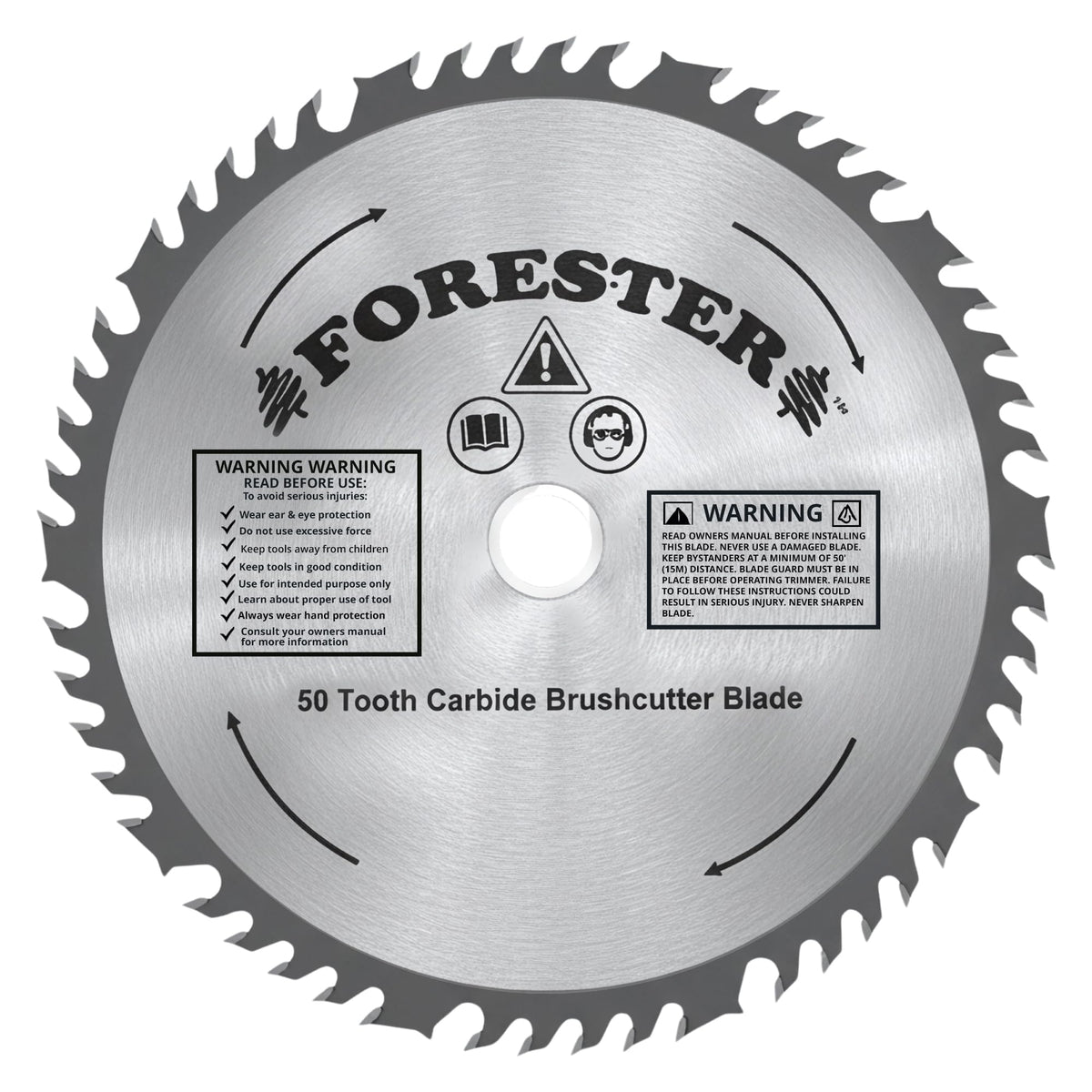 FORESTER carbide tip brush cutter blade closeup showing 50 teeth for tough vegetation