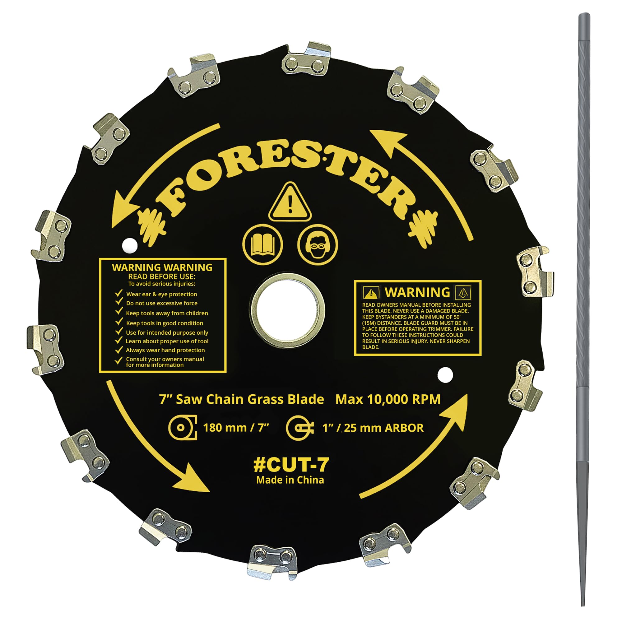 FORESTER chainsaw brush cutter blade close-up with 14 teeth for quick cutting