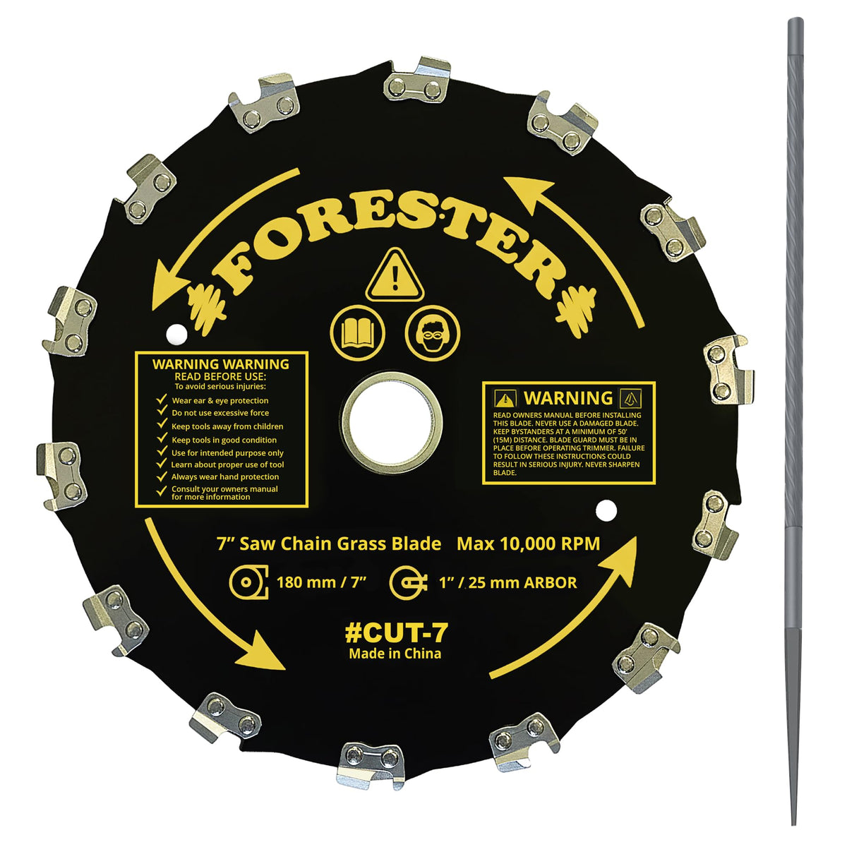 FORESTER chainsaw brush cutter blade close-up with 14 teeth for quick cutting