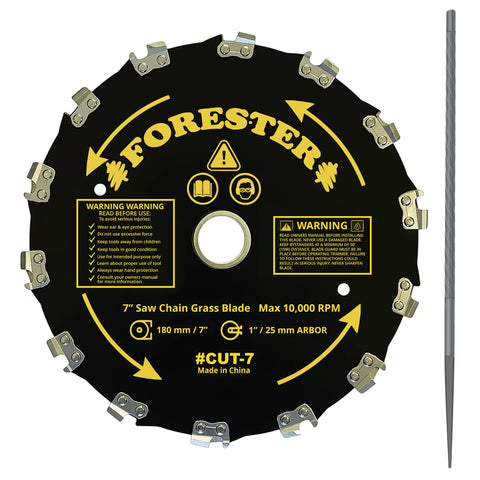 FORESTER chainsaw brush cutter blade close-up with 14 teeth for quick cutting
