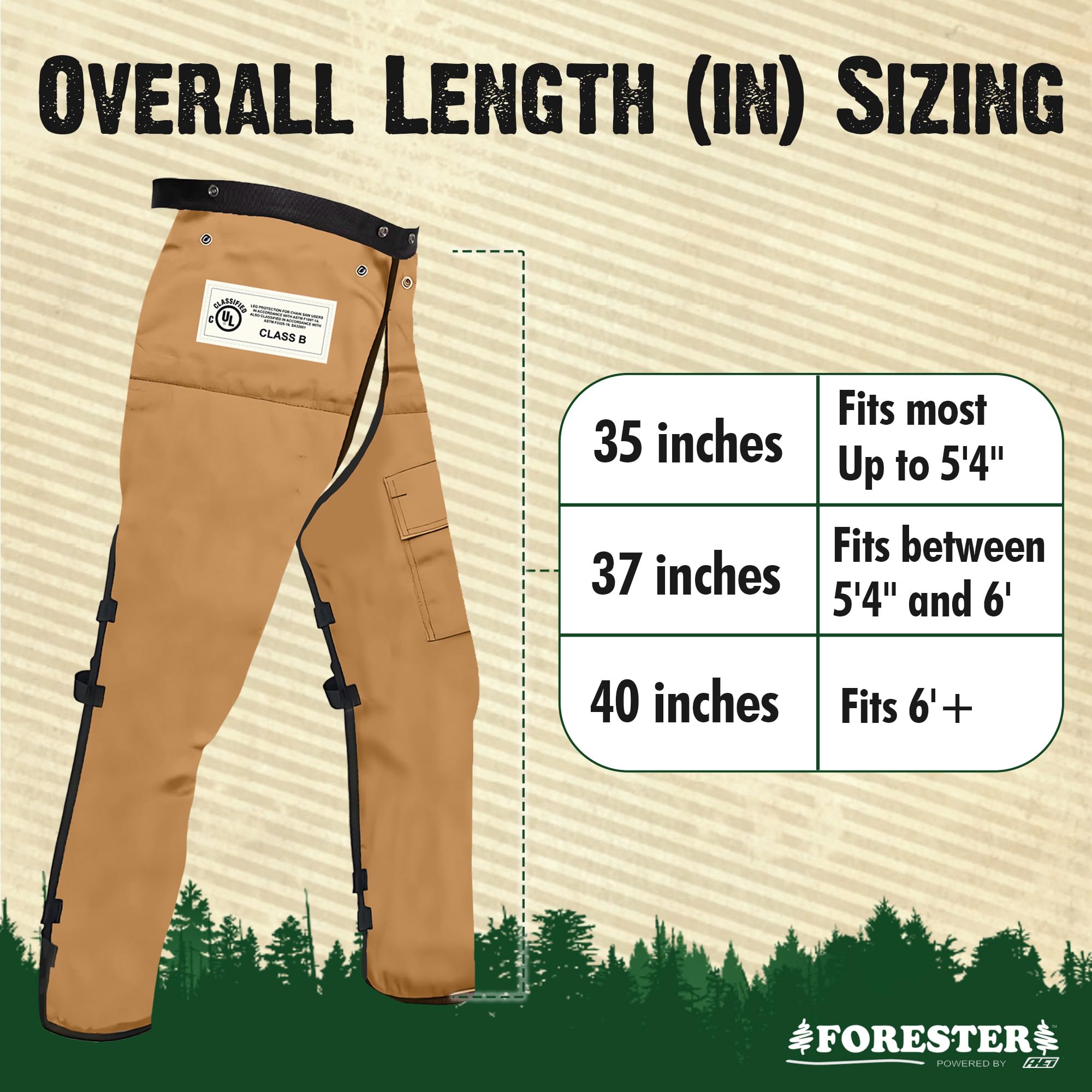 FORESTER chaps adjustable waist, customizable fit for all-day comfort.