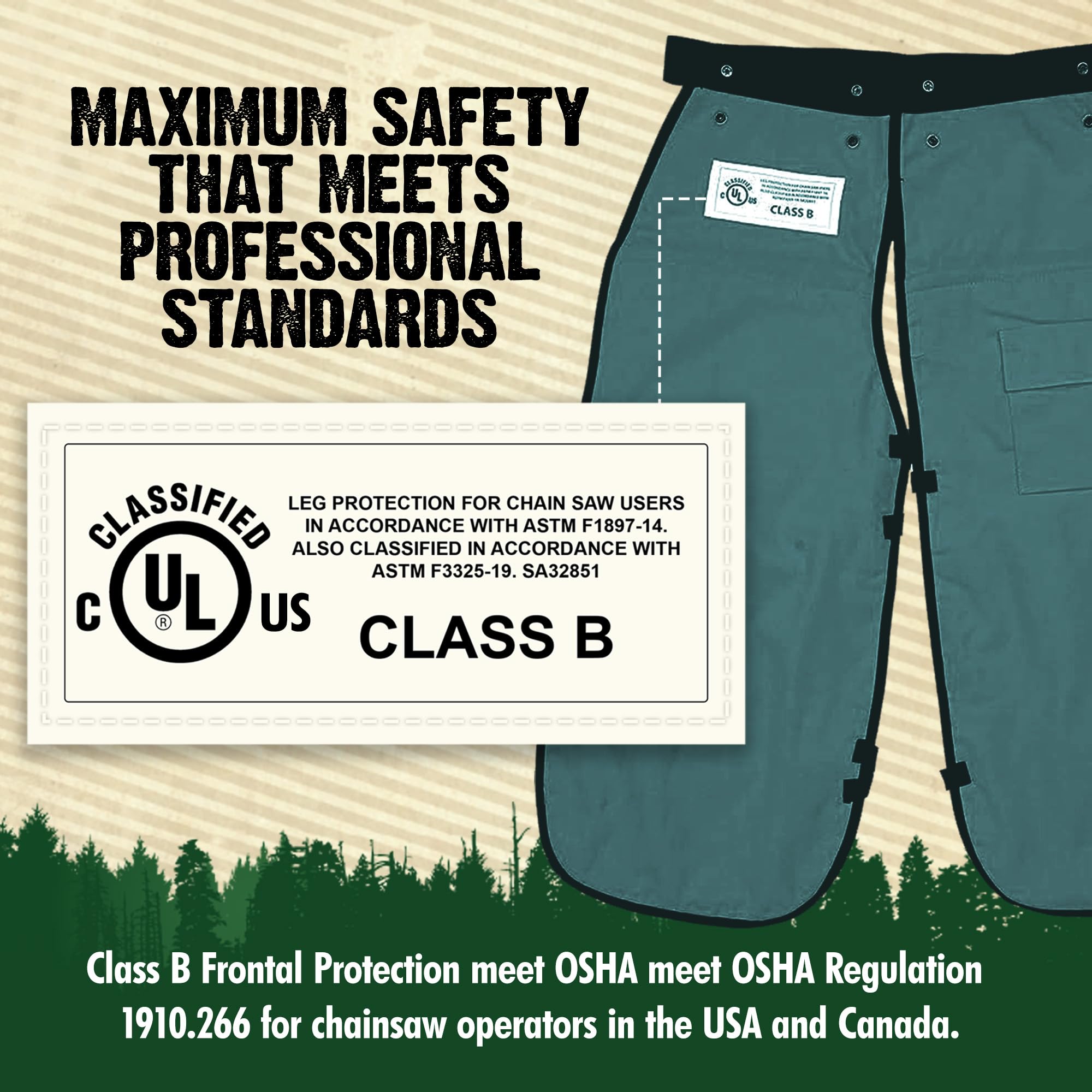 FORESTER Chainsaw Chaps apron style on model for quick on/off use