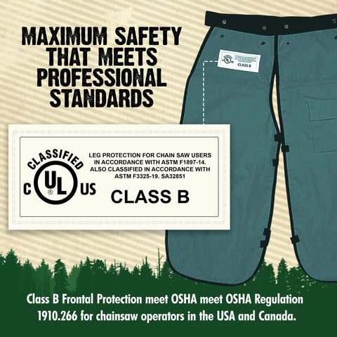 FORESTER Chainsaw Chaps apron style on model for quick on/off use