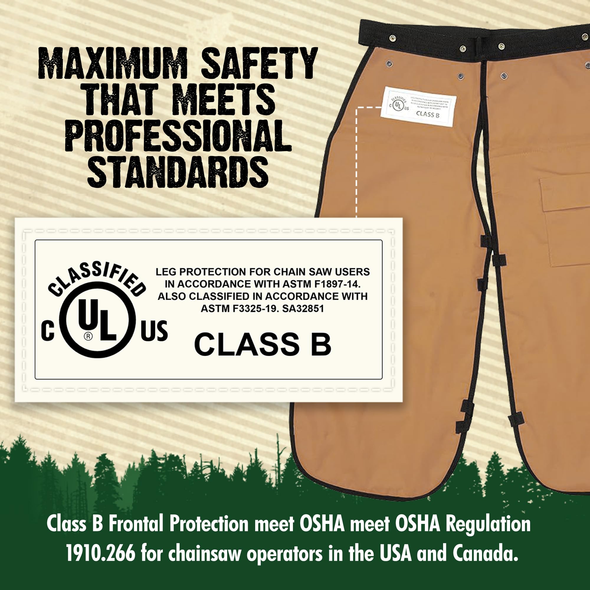 FORESTER Chainsaw Chaps apron-style for quick on/off.