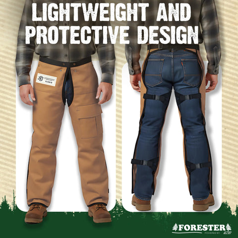 FORESTER chaps in field use, demonstrating safe handling on a job site.