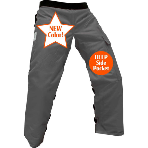 FORESTER chaps with flip belt feature enabling length adjustment mid-task.