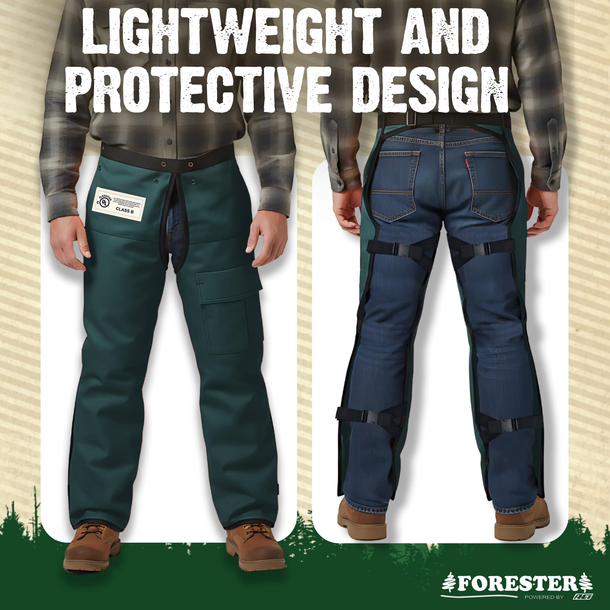 FORESTER Chainsaw Chaps length adjustment shows flip belt for length customization