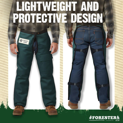 FORESTER Chainsaw Chaps length adjustment shows flip belt for length customization