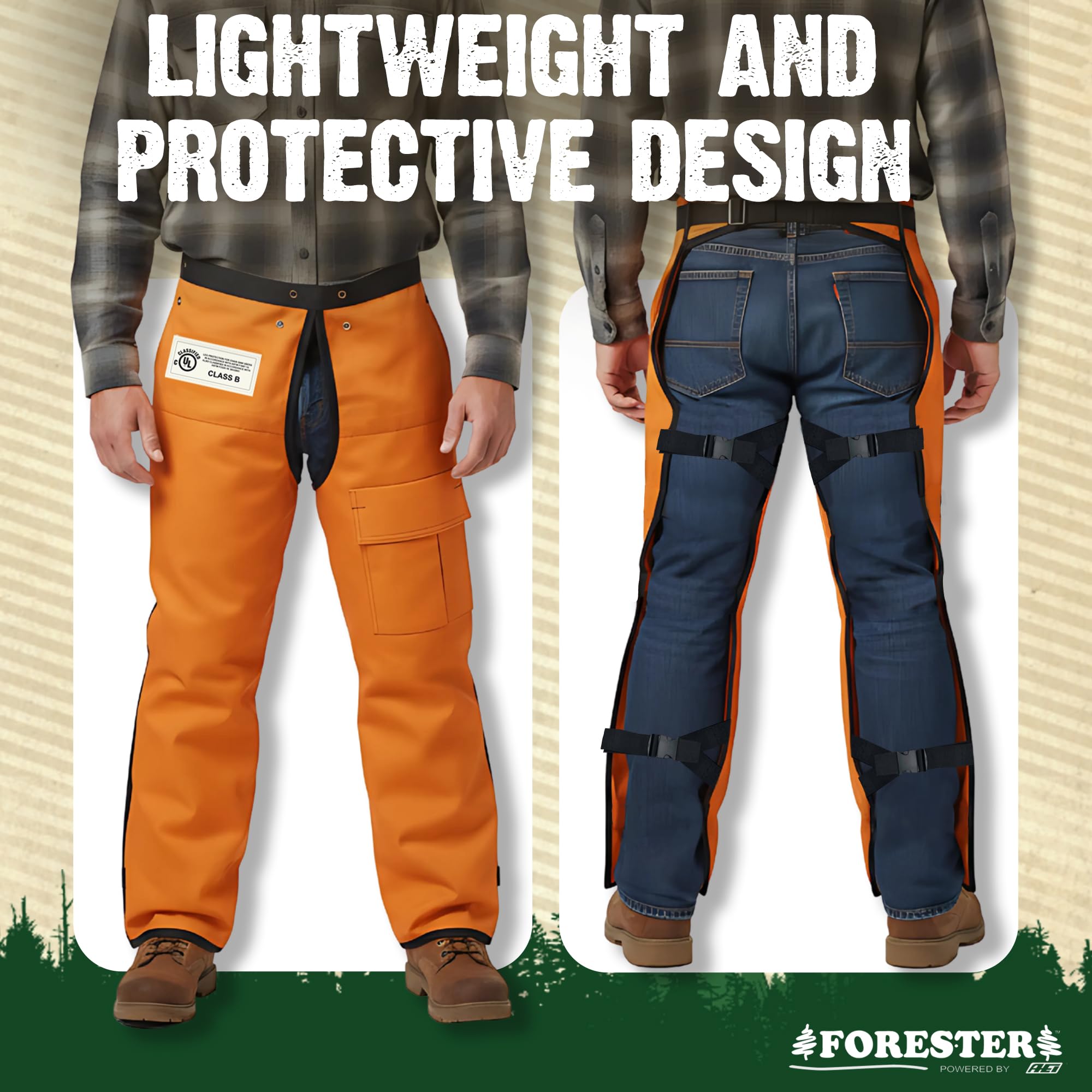 FORESTER open-back apron chaps support fast dressing between tasks.
