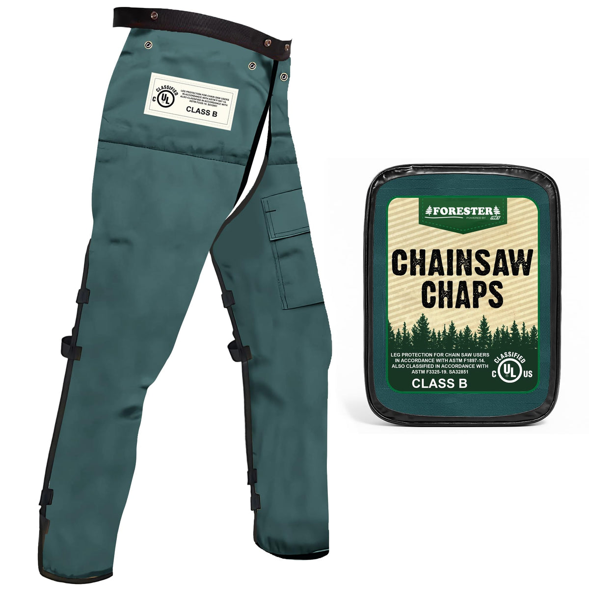 FORESTER Chainsaw Chaps outer shell shows durable water and oil resistant fabric for rugged work