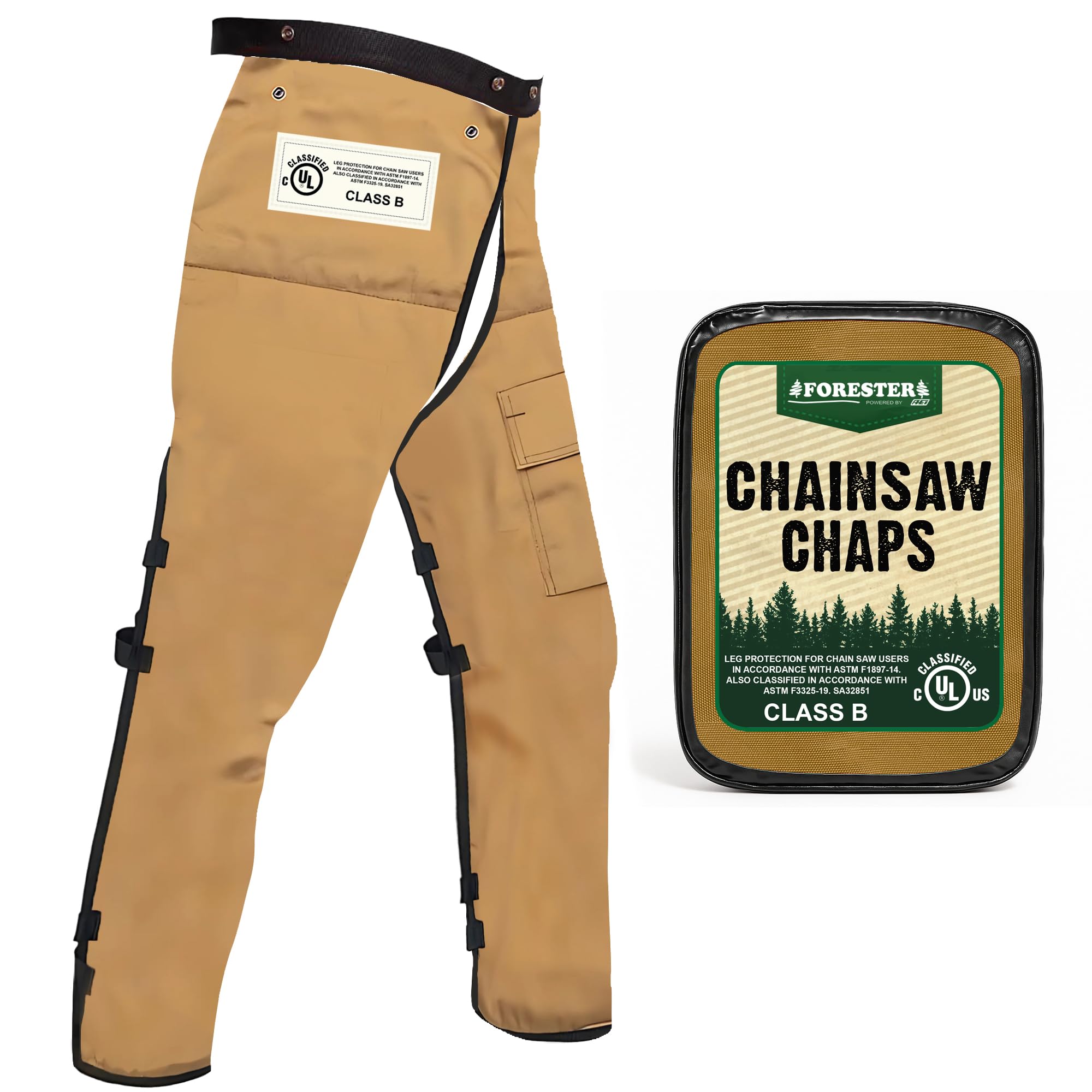 FORESTER Chainsaw Chaps outer shell shown, rugged protection for tough outdoor work.