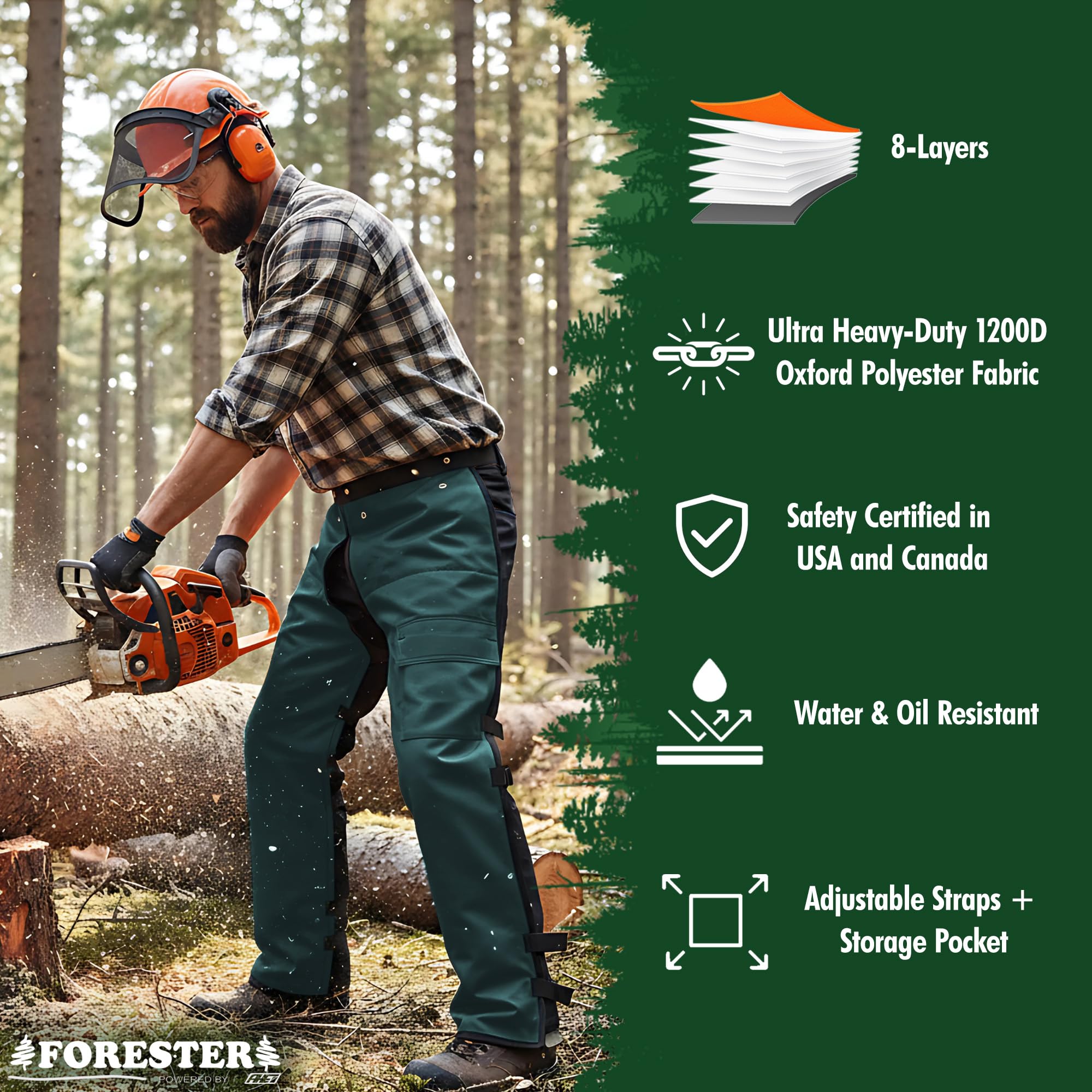 FORESTER Chainsaw Chaps water and oil repellent surface keeps gear cleaner on muddy days