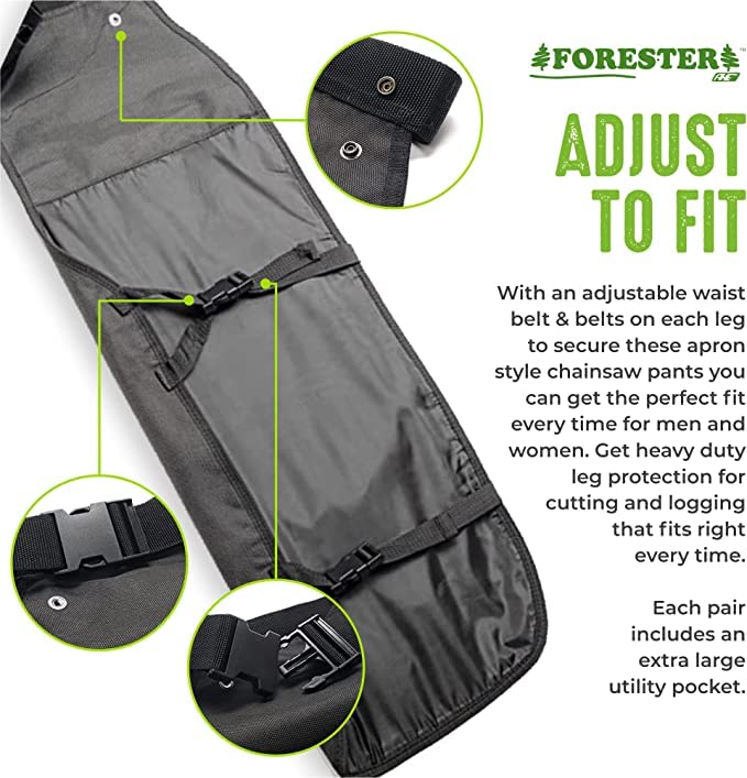 FORESTER chaps highlighting water and oil repellence to stay cleaner in damp jobs.