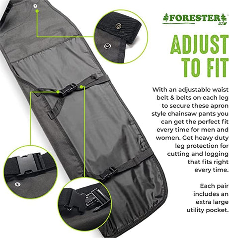 FORESTER chaps highlighting water and oil repellence to stay cleaner in damp jobs.