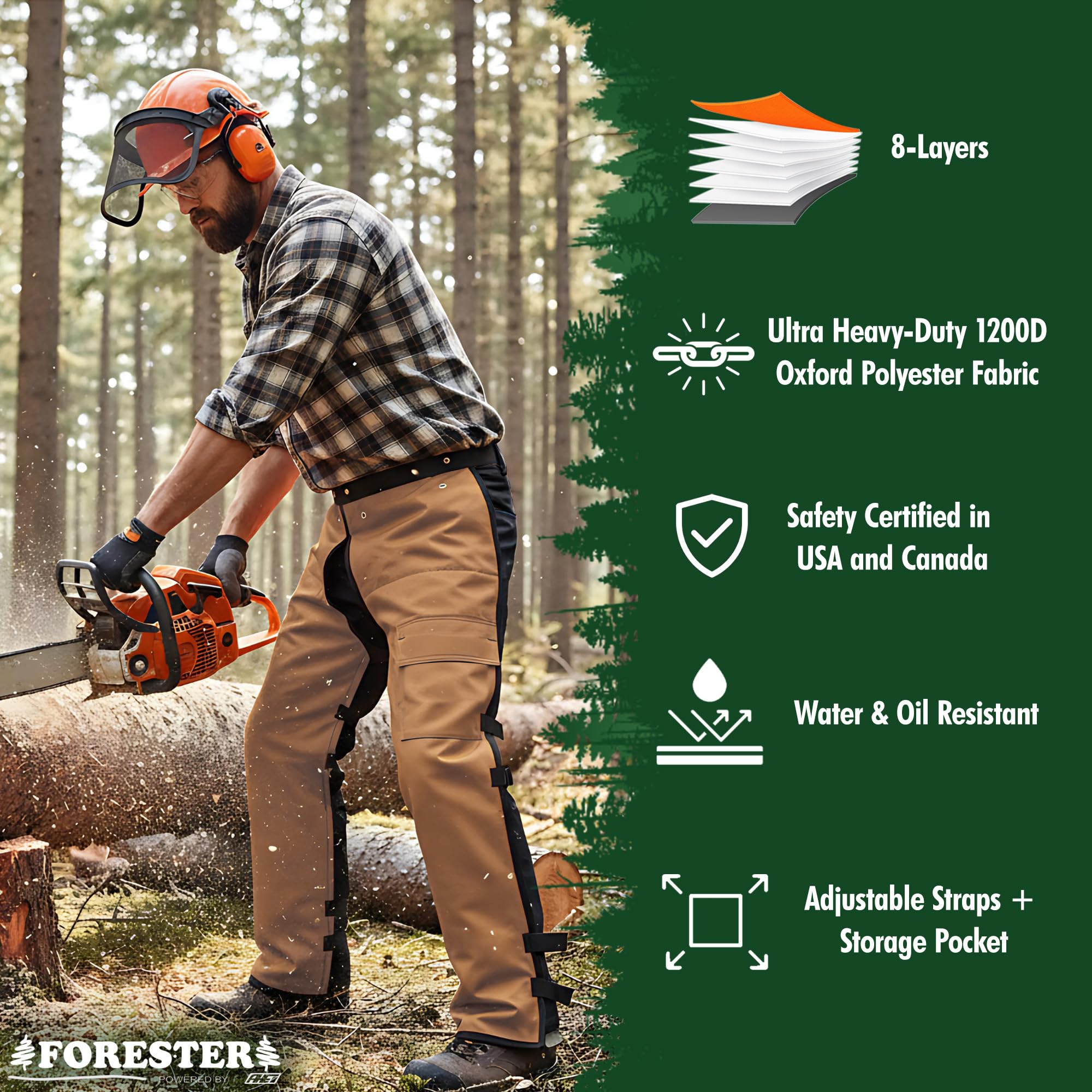 FORESTER Chainsaw Chaps water-repellent outer shell in field conditions.